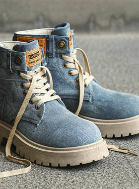 马丁靴男鞋小众帆布靴厚底美式高帮蓝色潮靴复古短靴牛仔布工装靴