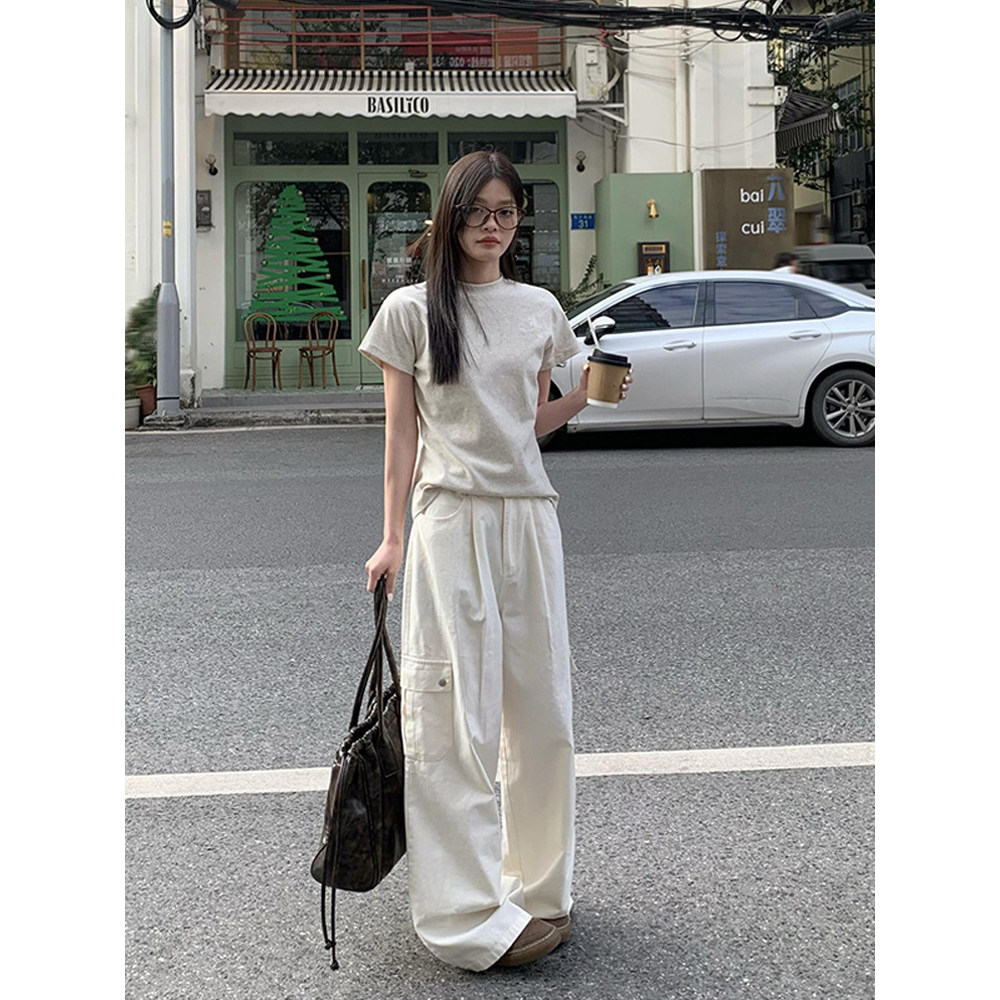 YOUMI 白色直筒工装裤女款阔腿裤春新款小个子宽松休闲拖地长裤