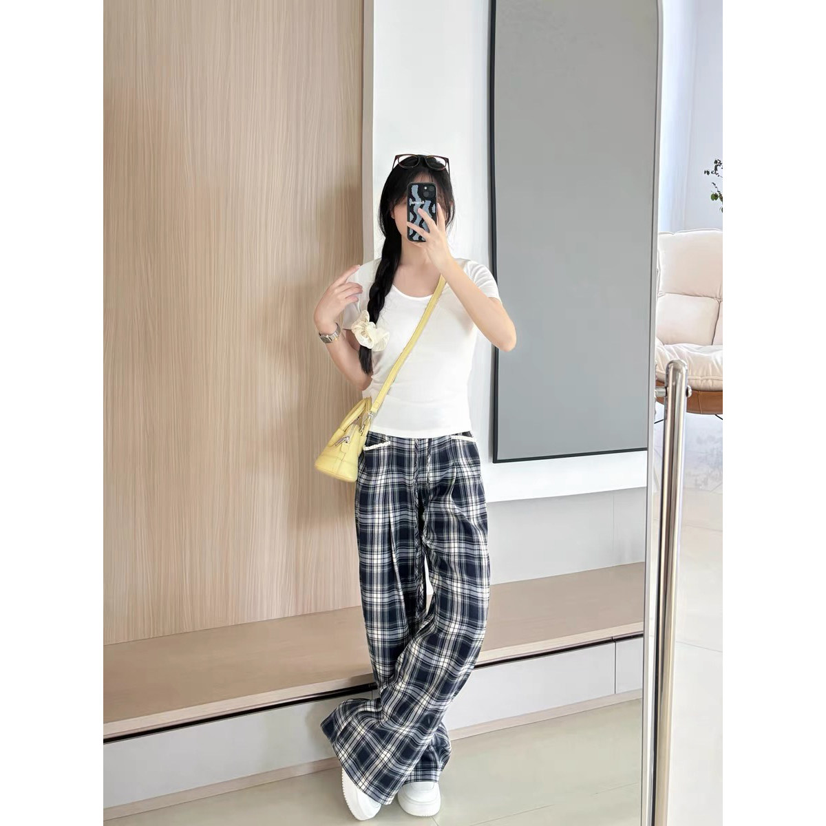 拼接腰头抽绳阔腿裤宽松直筒长裤