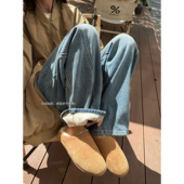 YOUMI 女冬 长裤 怕冷星人&加厚绒 水洗牛仔蓝宽松弯刀牛仔裤