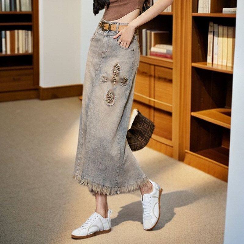 2026春季女装爆款复古不规则毛边提臀后开叉长裙子钉珠牛仔半身裙