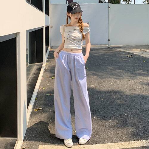 蓝色条纹休闲裤女春夏季新款直筒阔腿裤宽松垂坠感慵懒拖地长裤子