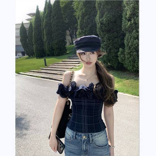 板栗可可Bankelili6.27/20点'甜心cake'一字肩花边修身上衣女