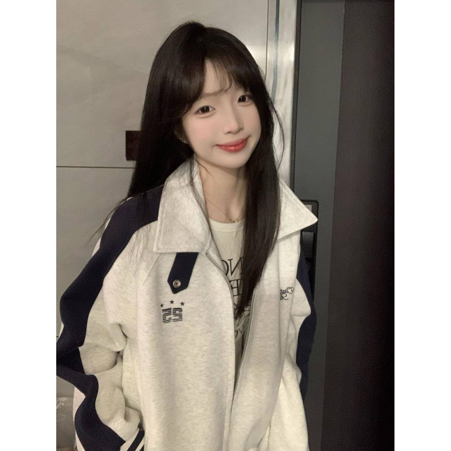美式高街撞色拼接立领开衫卫衣外套女春秋学院风宽松情侣夹克上衣