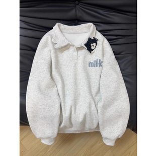 潮牌小猫贴布刺绣设计感Polo领卫衣女秋冬新款 加绒宽松学院风外套