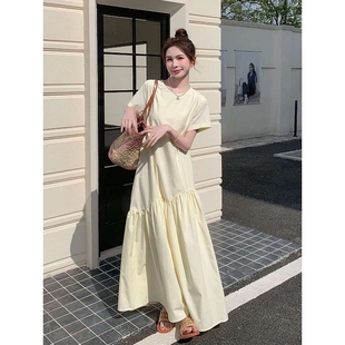 a字裙潮 奶黄色ins风短袖 连衣裙女2025夏季 新款 韩系宽松拼接中长款