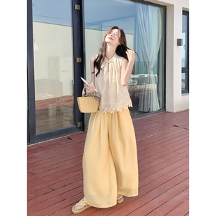 休闲阔腿裤 温柔穿搭蕾丝新中式 女夏新黄色薄款 无袖 两件套 上衣套装