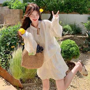 高级感宽松度假风套装 法式 新款 甜美镂空衬衫 短裙两件套女2025夏季