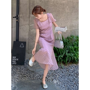 紫色甜美方领波点连衣裙女2025夏季 漂亮气质显瘦鱼尾裙潮 新款 法式