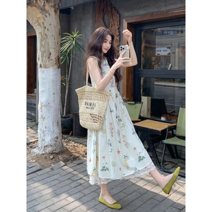 温柔甜美减龄初恋少女连衣裙女夏季 印花茶歇桔梗长裙 新款 森系无袖
