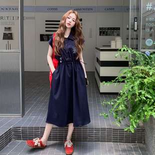 藏青色刺绣衬衫 港风复古小个子收腰显瘦长裙 连衣裙女2025夏季 新款