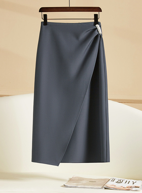 灰色半身裙女春秋季2026新款高级感气质a字中长裙西装开叉包臀裙