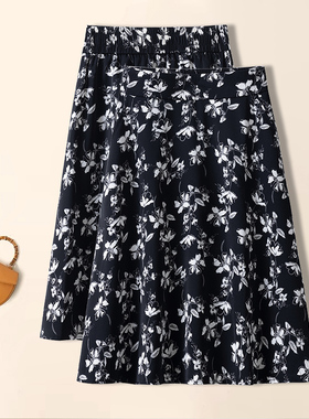 高腰显瘦印花A字半身裙女2026春夏新款黑色小个子休闲通勤中裙子