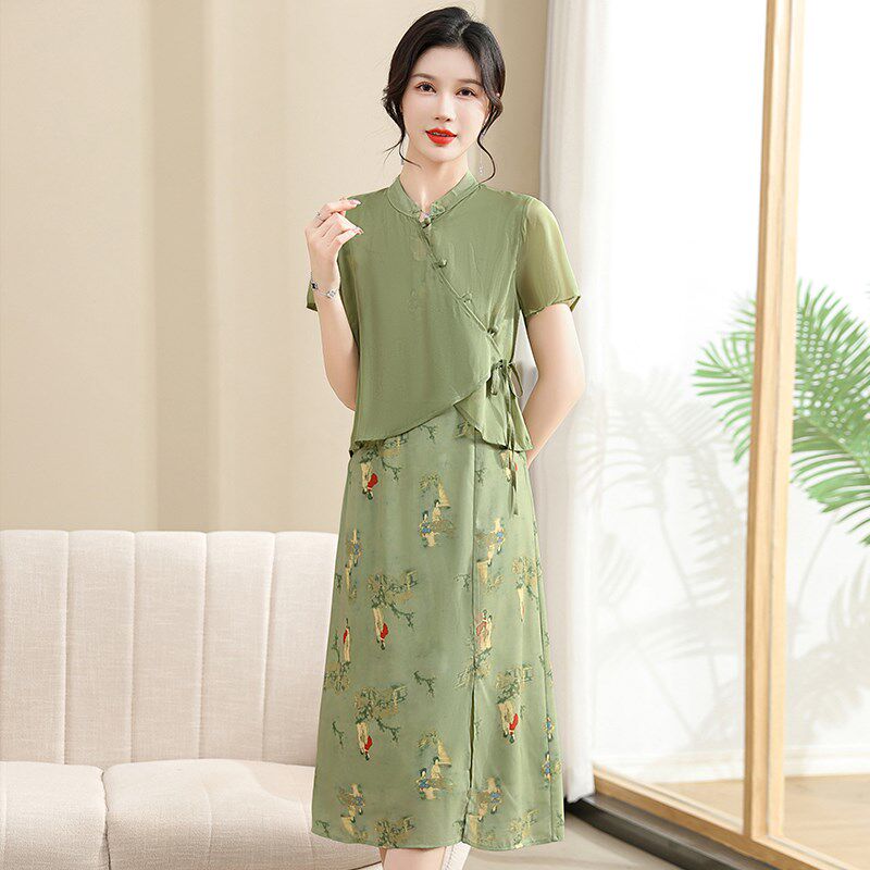 新品中年妈妈夏装新中式t改良旗袍洋气质国风连衣裙中老年女装短