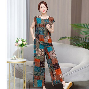 中老年人造棉短袖 老M太太棉绸九分裤 套装 妈妈装 子两件 女大码 新品