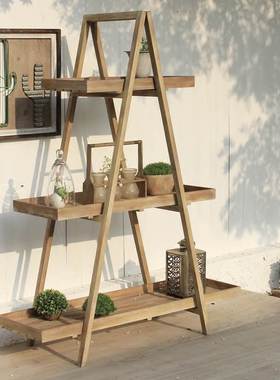 极速美式田园复古怀旧实木展架花架书G架隔板置物架博古架阶梯陈