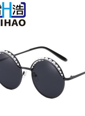 极速太阳墨镜女眼镜网珍珠红框韩版新款I潮镜圆同款防紫外线复古