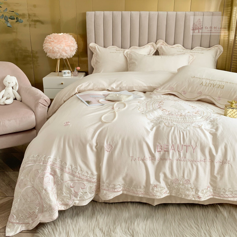 极速公主风100支长绒棉四件套全棉纯棉白色O贡缎刺绣被套欧式床上