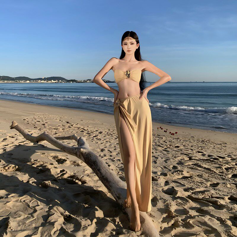 新品辣妹海边穿搭性感抹胸泳衣分体套装J裙两件套开叉半身裙度假