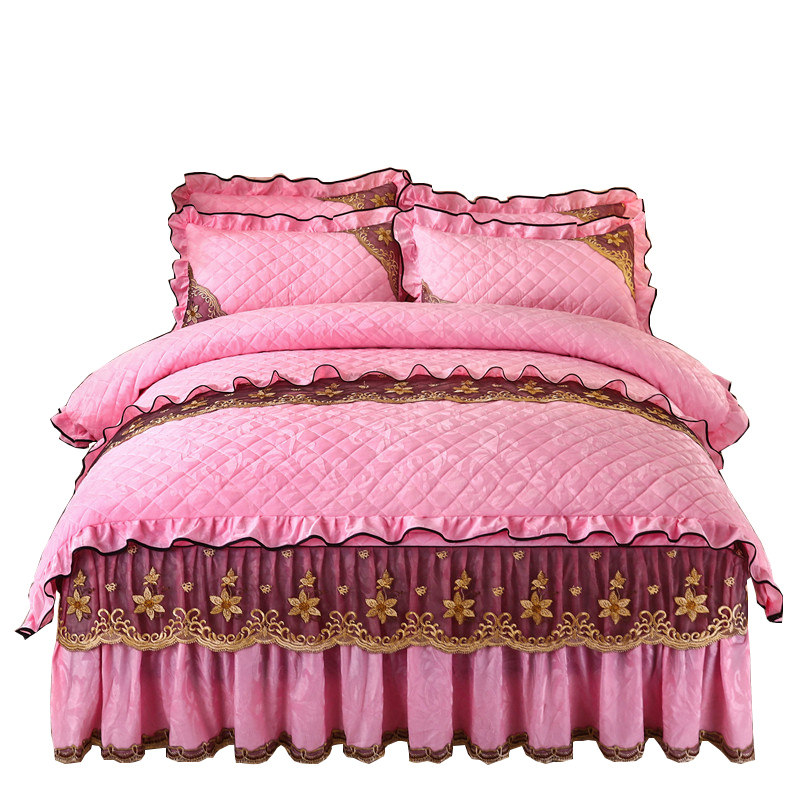 极速欧式秋冬保暖天鹅绒床裙式四件套夹K棉加厚纯色防滑结婚床罩