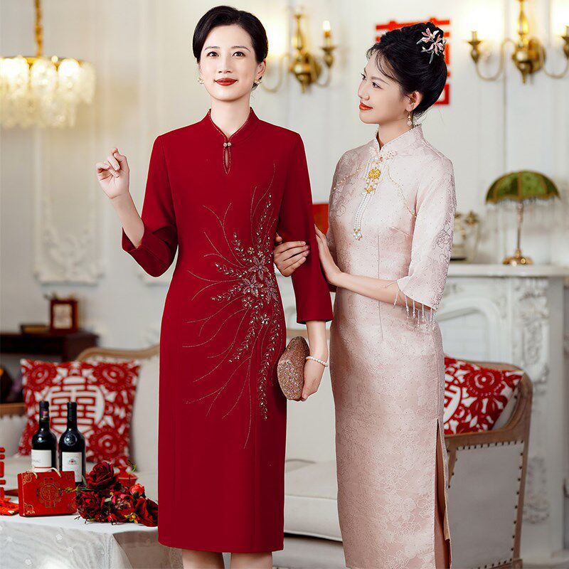 新品高端丈母娘结婚m妈妈礼服高贵改良旗袍连衣裙喜婆婆婚宴装秋