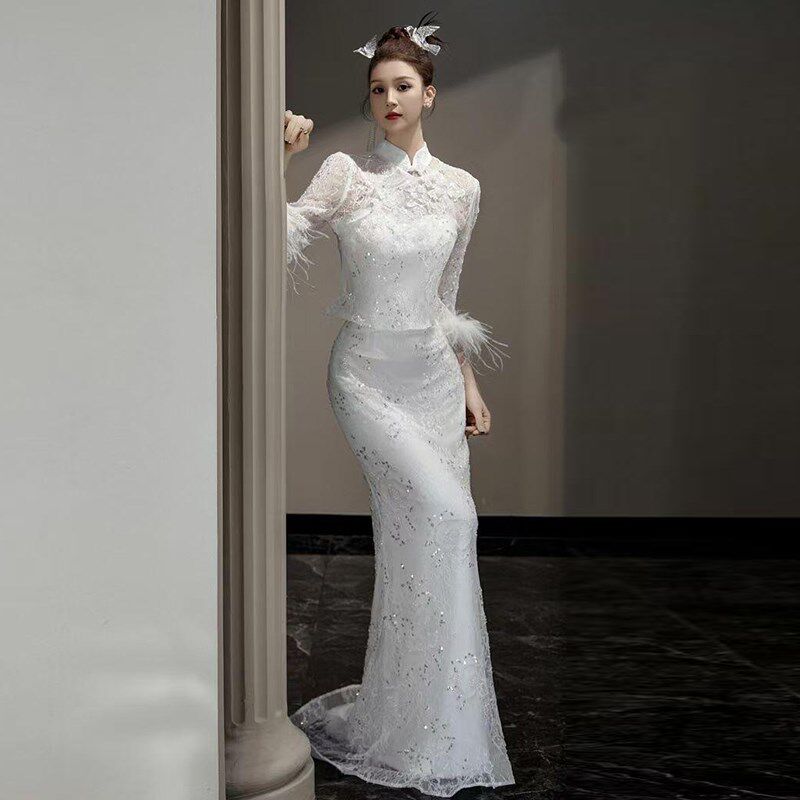新品新中式改良旗袍晚礼服小众高端鱼尾晨袍女新娘白Y色长袖订婚