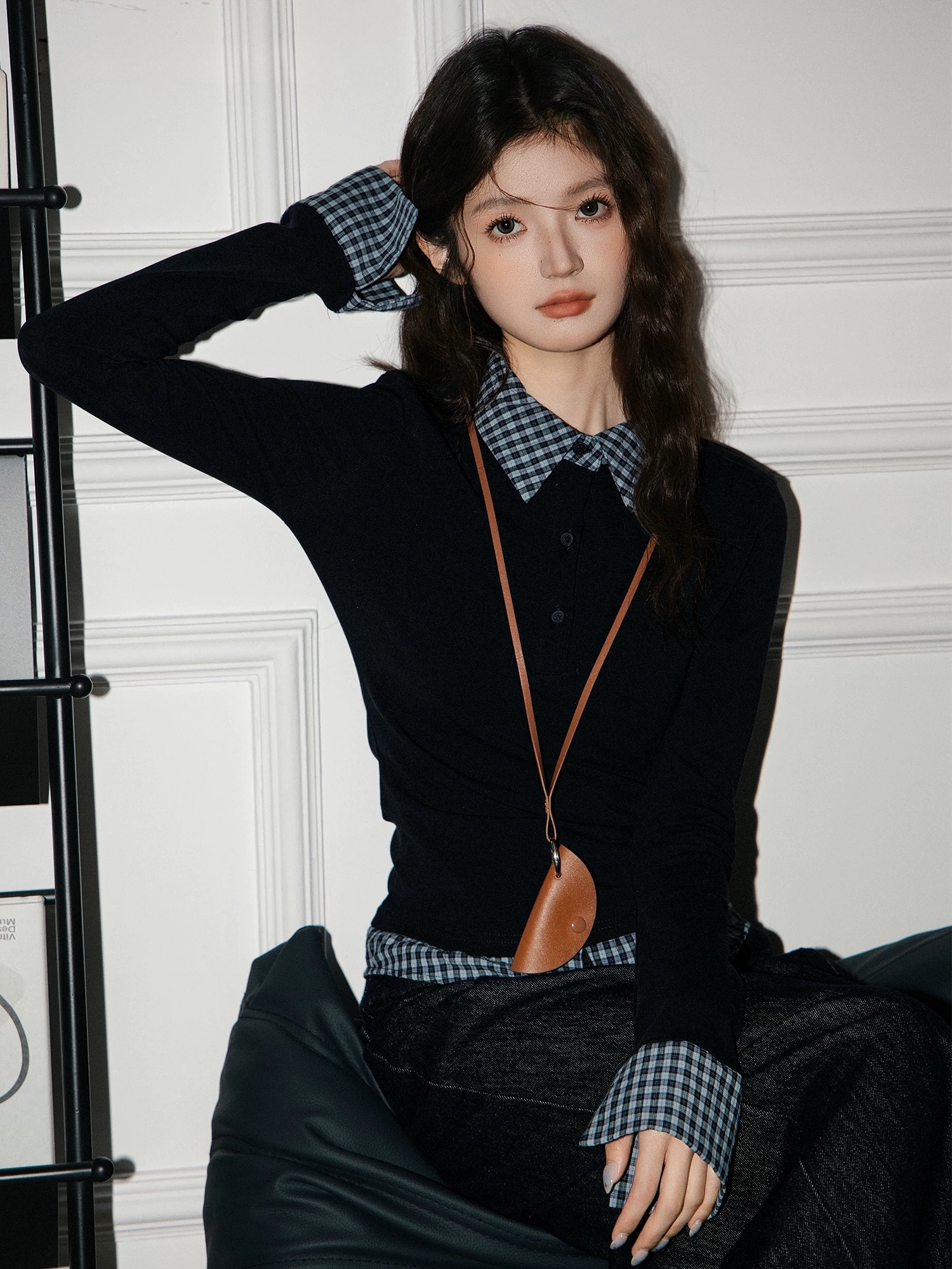 复古格子假两件拼接Polo领上衣女秋季长袖内搭打底衫T恤