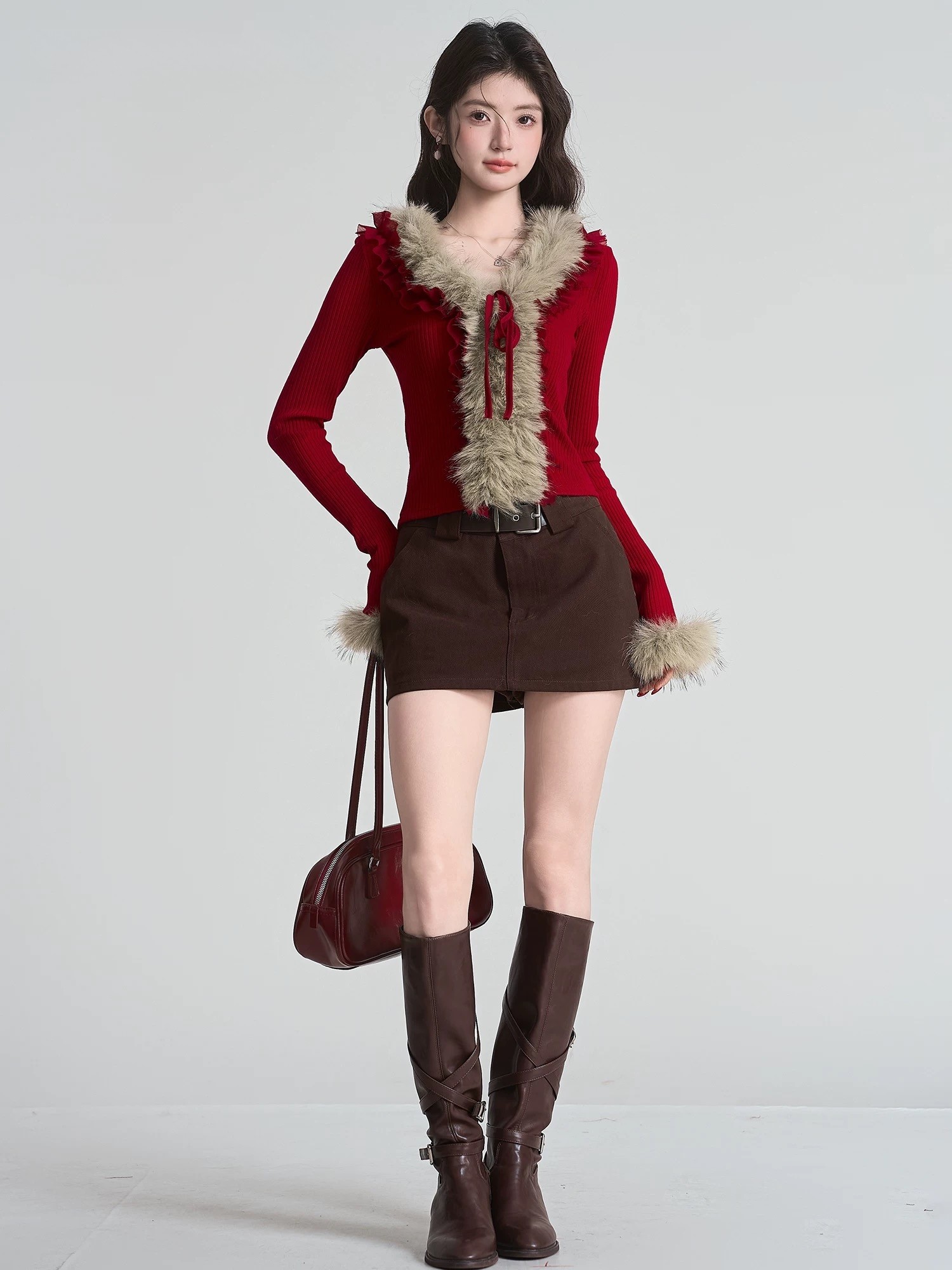 红色新年穿搭v领打底针织衫女春季毛毛长袖T恤内搭短上衣,女装/女士精品,毛针织衫,淘宝优惠券,粉丝福利购,淘宝优惠卷