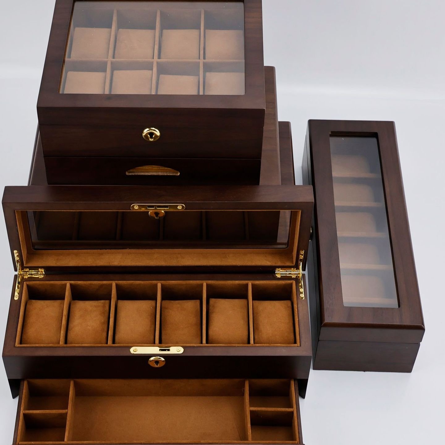 清煜包装版黑胡桃纹6位手表盒版双层首饰收纳盒展示木盒