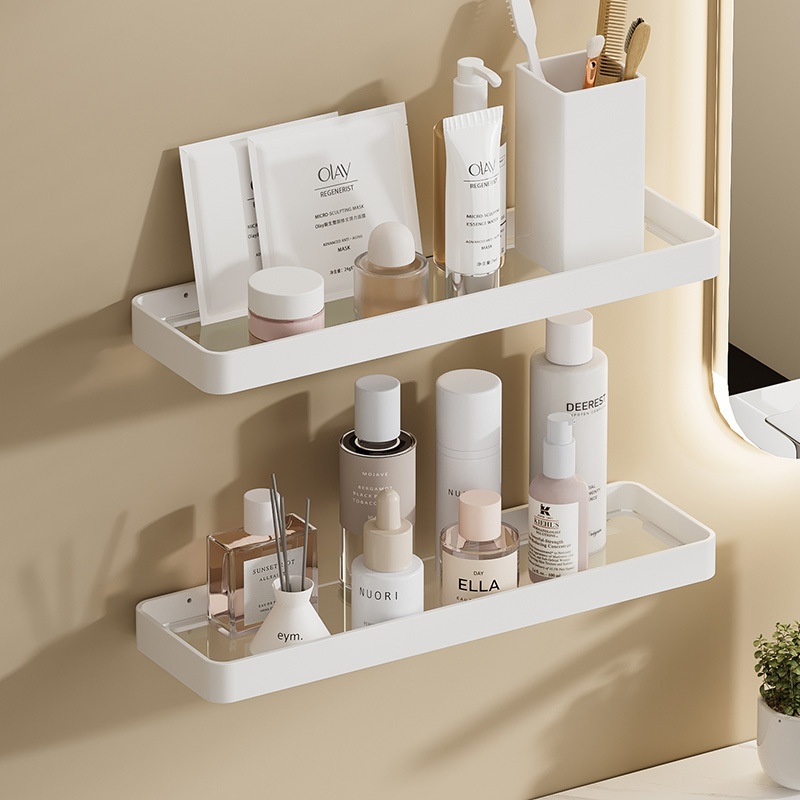 奶油风白浴室玻璃置物架跨境加厚钢化玻璃轻奢卫生间收纳架镜前架