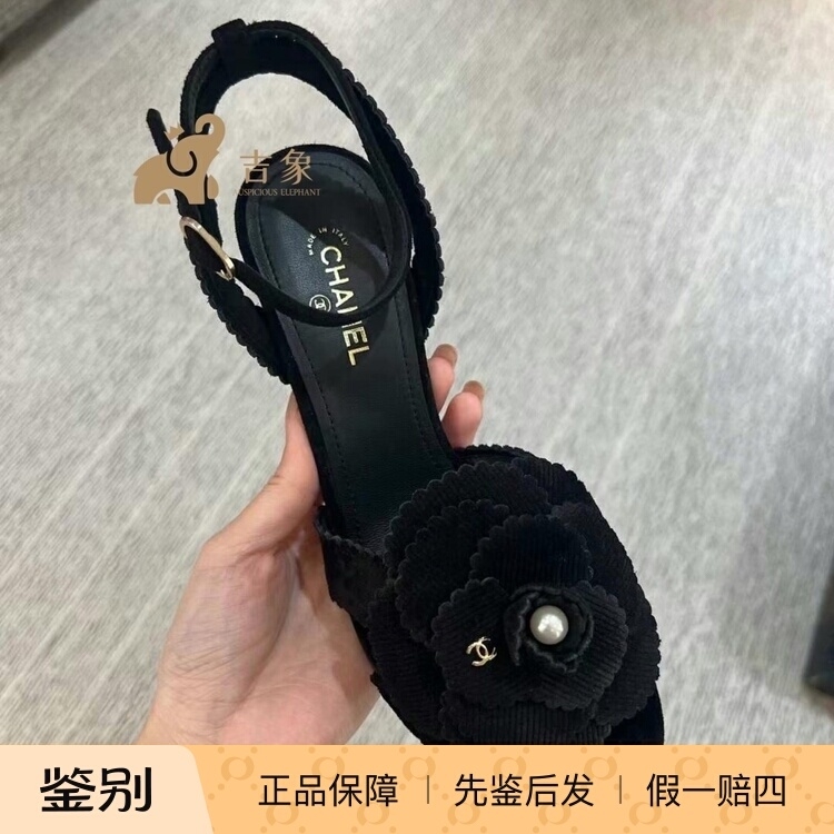 [现货]Chanel香奈儿24B新款女鞋黑色绒面山茶花珍珠双C高跟凉鞋