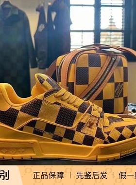 LV/路易威登24新款男鞋黄色棋盘格TRAINER牛皮革运动板鞋1ACN4H