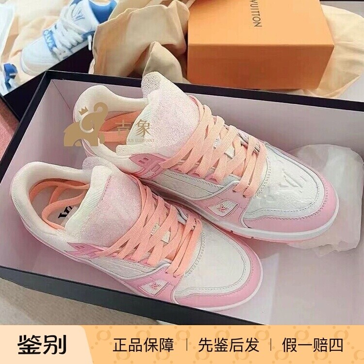 LV路易威登2025新款女鞋樱花粉粒面牛皮革TRAINER 运动鞋板鞋