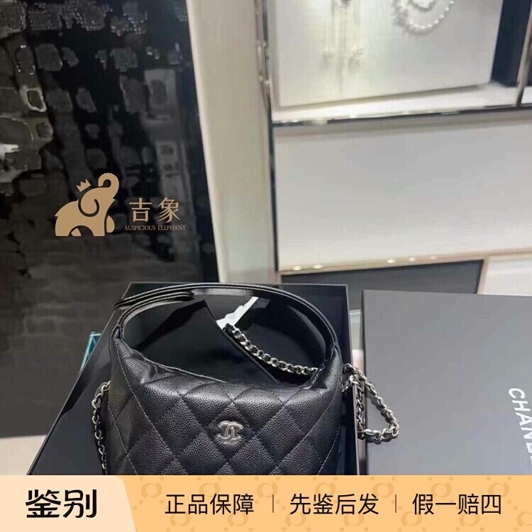 Chanel香奈儿25A新款女包黑色荔枝纹牛皮hobo饭盒包手提斜跨包