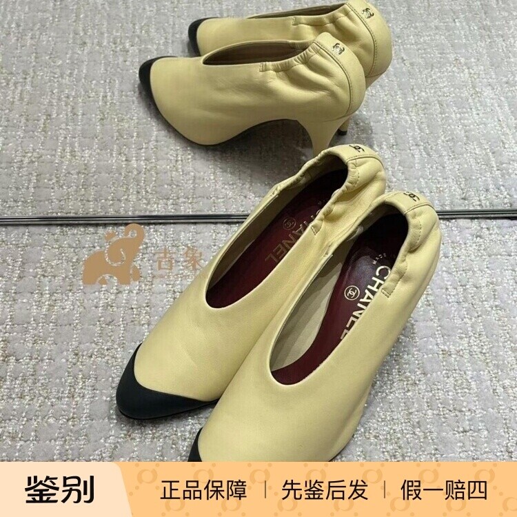 香奈儿拼色羊皮高跟奶奶鞋85mm
