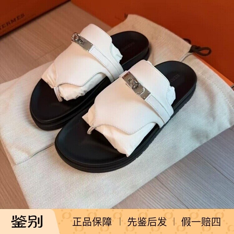 爱马仕小牛皮凯莉扣夹脚人字凉拖