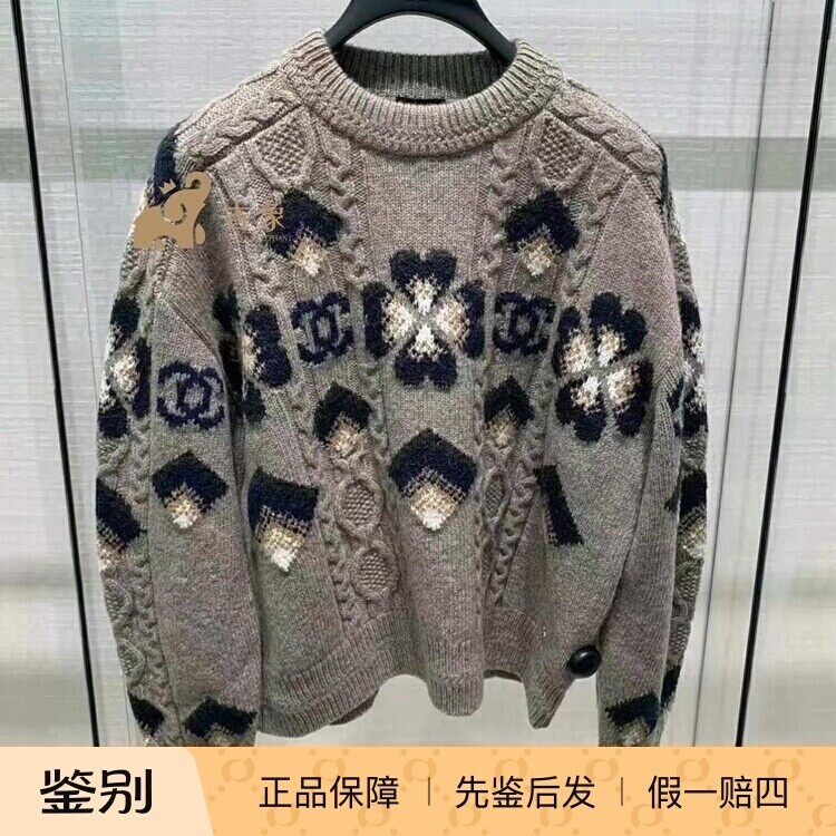 chanel灰色花朵双C印花针织毛衣