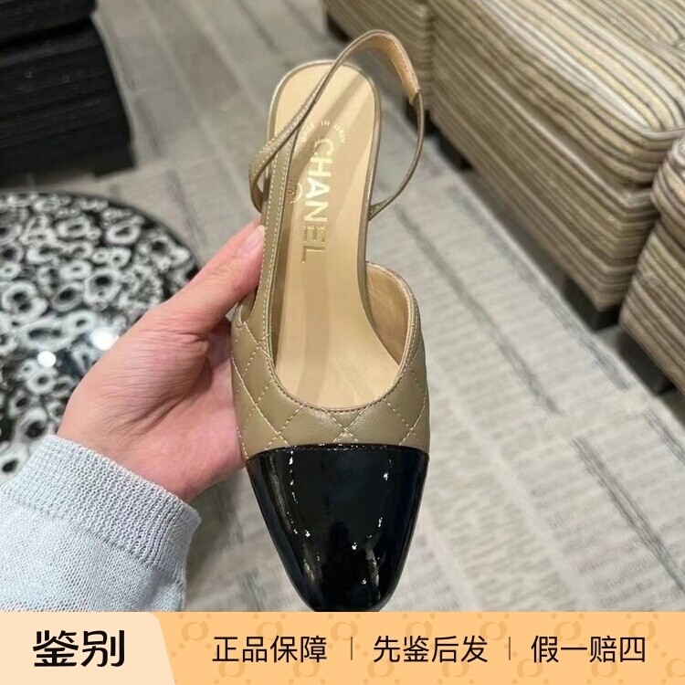 [现货]Chanel香奈儿24A新款女鞋菱格纹拼漆皮后空高跟凉鞋