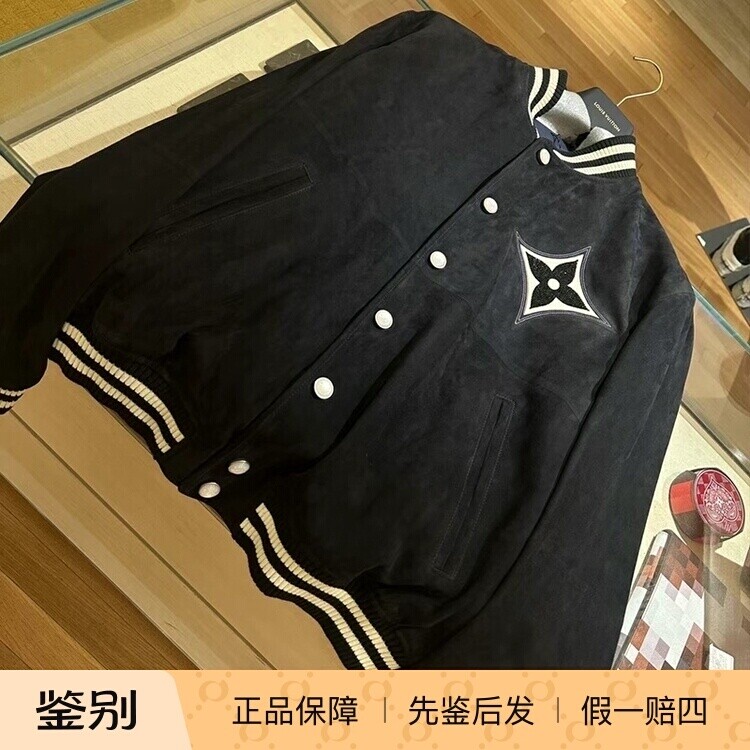 LV路易威登2024新款男装黑色羊皮革飞行员束腰夹克棒球衣1AFXEN