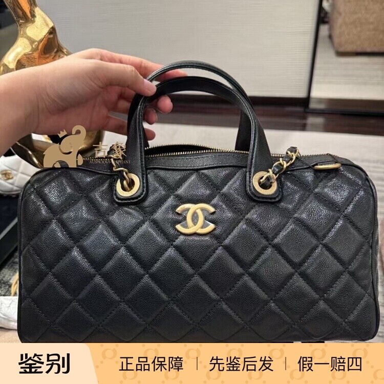 Chanel香奈儿25A新款女包黑色荔枝牛皮保龄球包双链条手提包大号