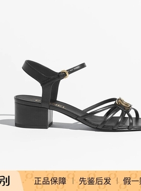 Chanel香奈儿25P新款女鞋黑色小羊皮水钻双C中跟粗跟搭扣凉鞋