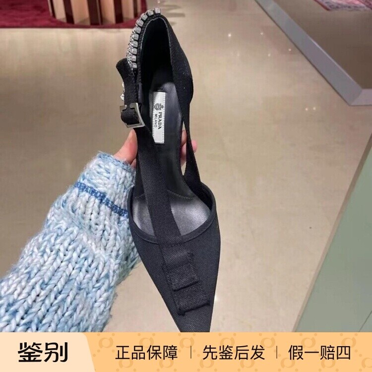 普拉达仿水晶尖头高跟女凉鞋