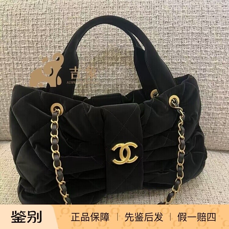 Chanel/香奈儿25K新款女鞋黑色丝绒蝴蝶结双C手提斜跨包