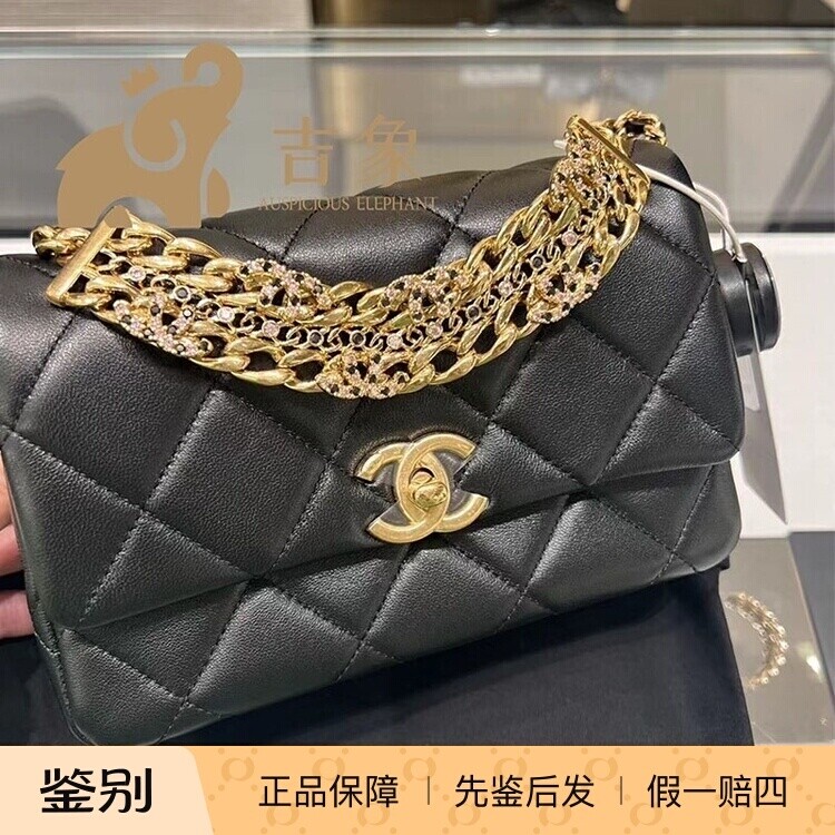 Chanel/香奈儿24C新款女包水钻粗链条黑色小羊皮单肩斜挎包