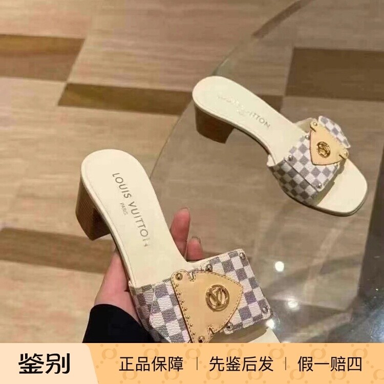 LV路易威登2025新款女鞋 Damier 帆布FRAME 高跟凉拖鞋1AHMFH