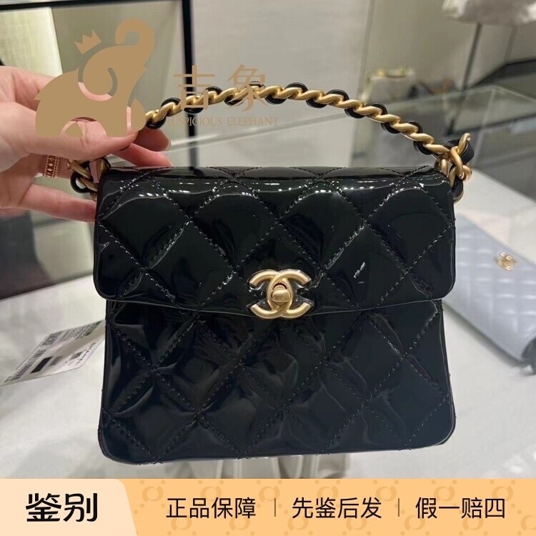 chanel香奈儿24C新款女包黑色漆皮金属手柄翻盖手提包斜挎包