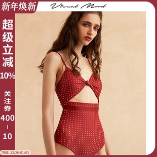 visual mood泳衣女复古红双面印花镂空遮肚显瘦度假温泉连体泳衣