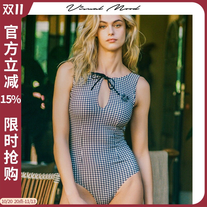 visual mood连体泳衣女2026新款复古刺绣系带显瘦温泉度假游泳装