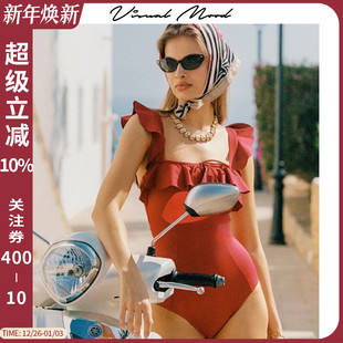 海边夏 复古红荷叶边连体泳衣女系带显瘦法式 visual mood2025新款