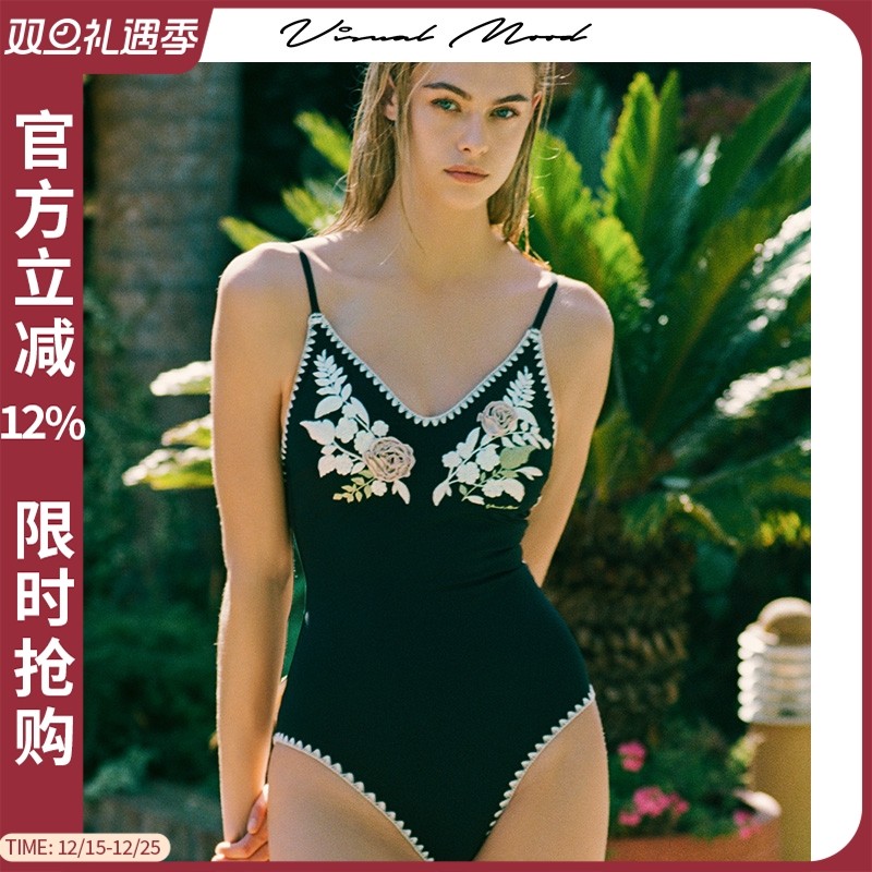 visual mood泳衣女复古盘花刺绣黑白遮肚显瘦连体温泉度假泳装